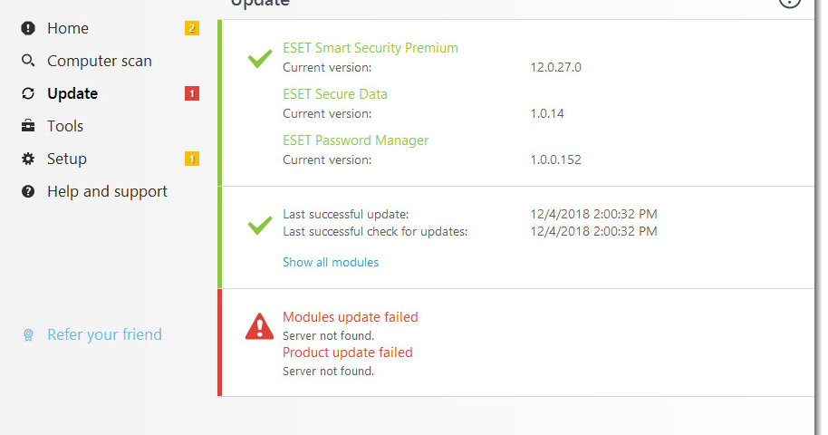 eset update failed -